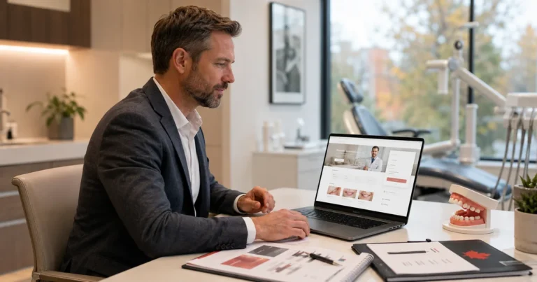 Canadian dentist reviewing the cost of a new dental practice website