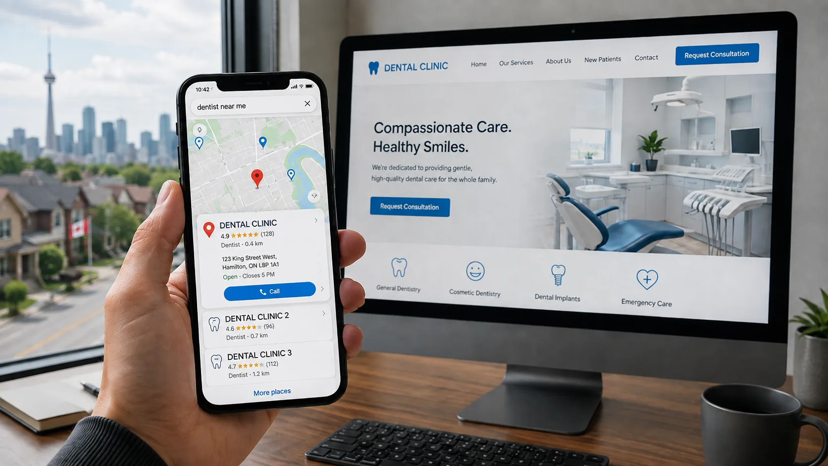 Local SEO and search results dashboard for a dental website in Canada