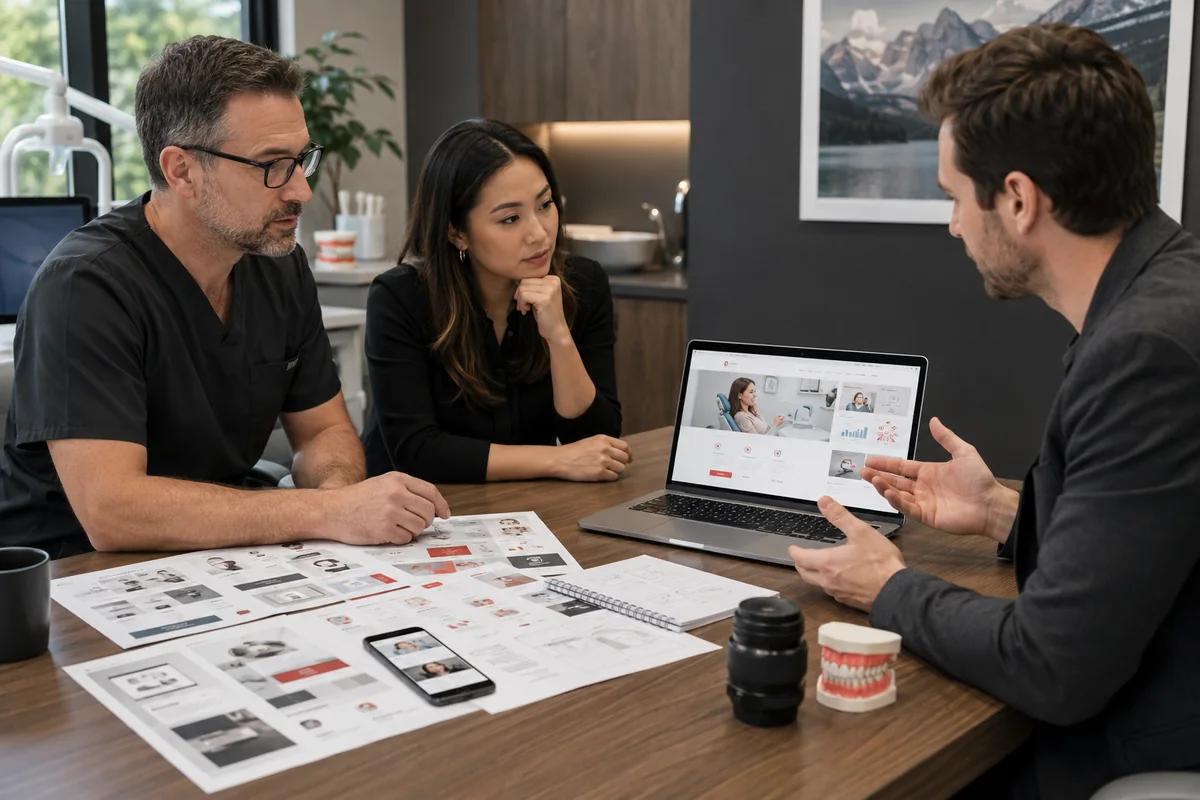 Dentist and web strategist reviewing a dental website proposal in Canada