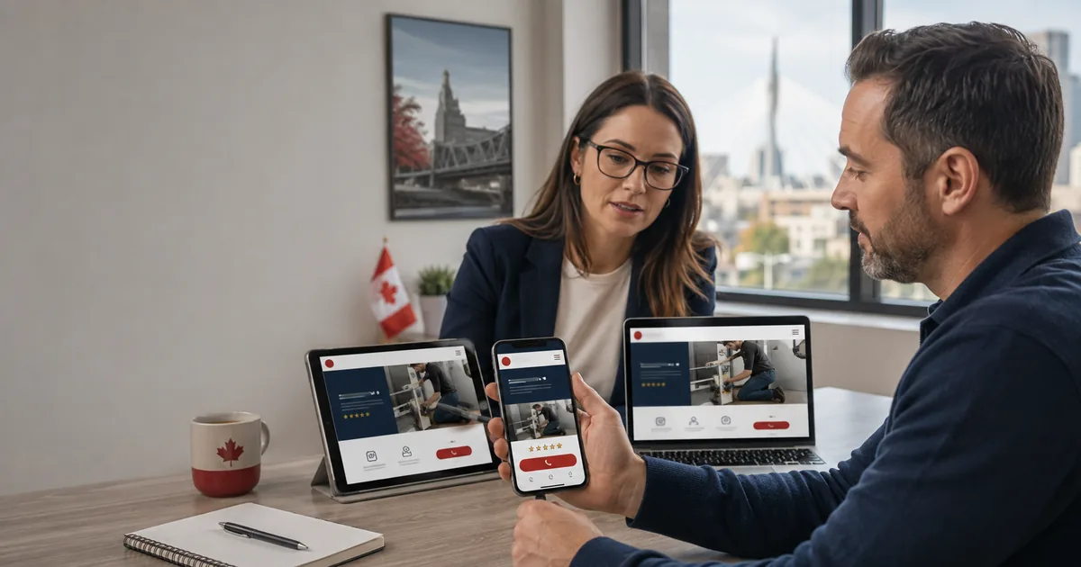 Service business owner reviewing a mobile-first website with clear call and booking actions