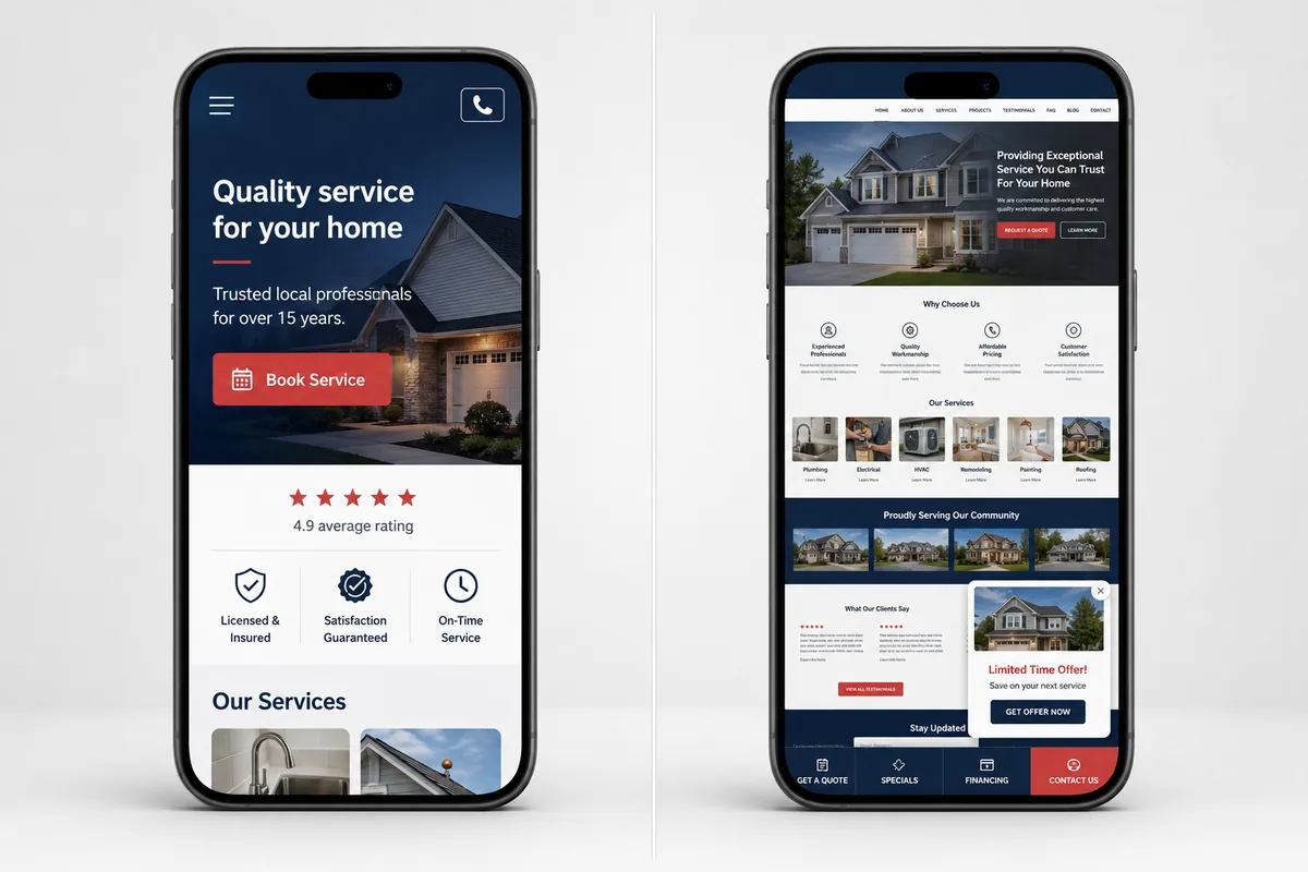 Comparison of a clear mobile-first service website and a crowded desktop-first mobile layout