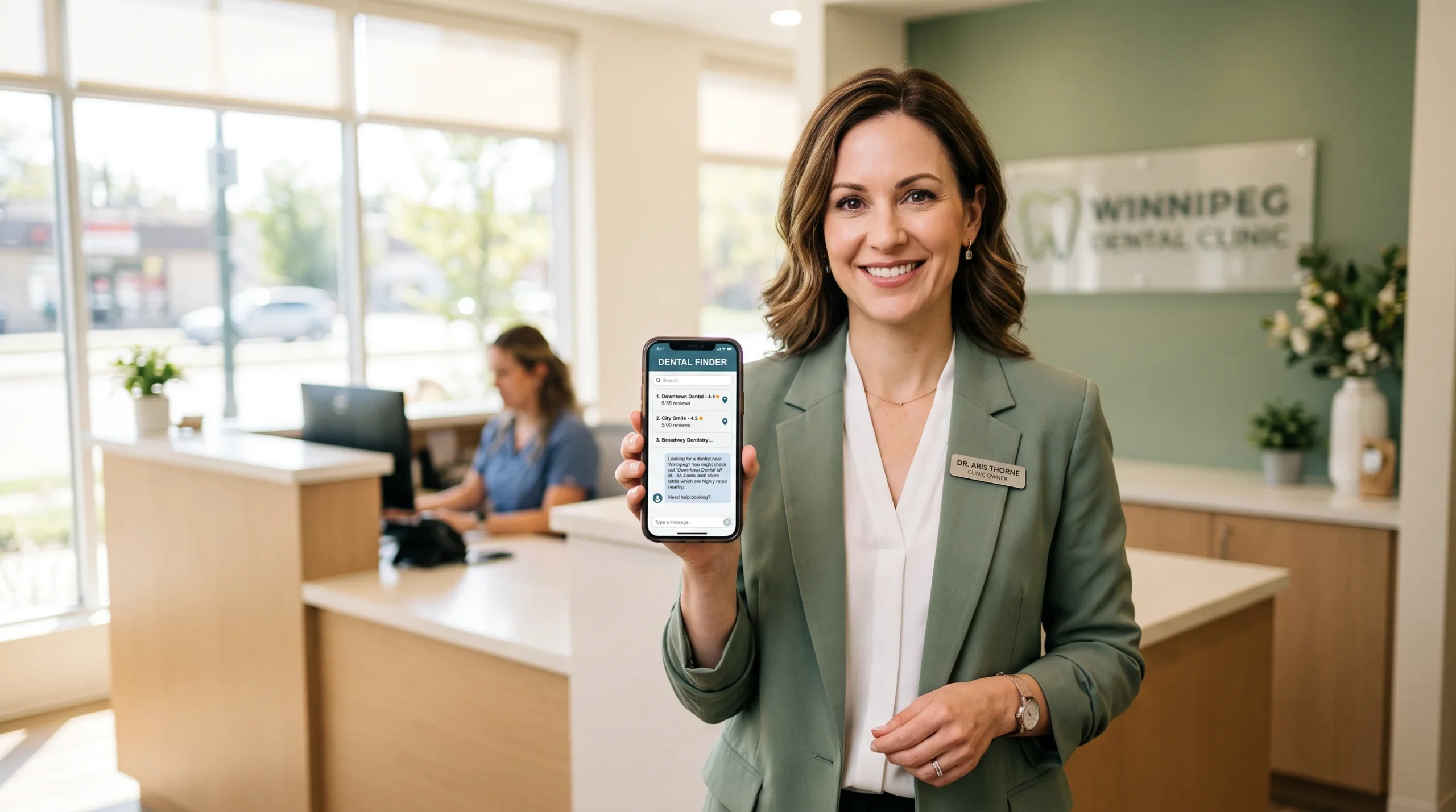 Clinic owner holding a phone showing local search results beside an AI answer