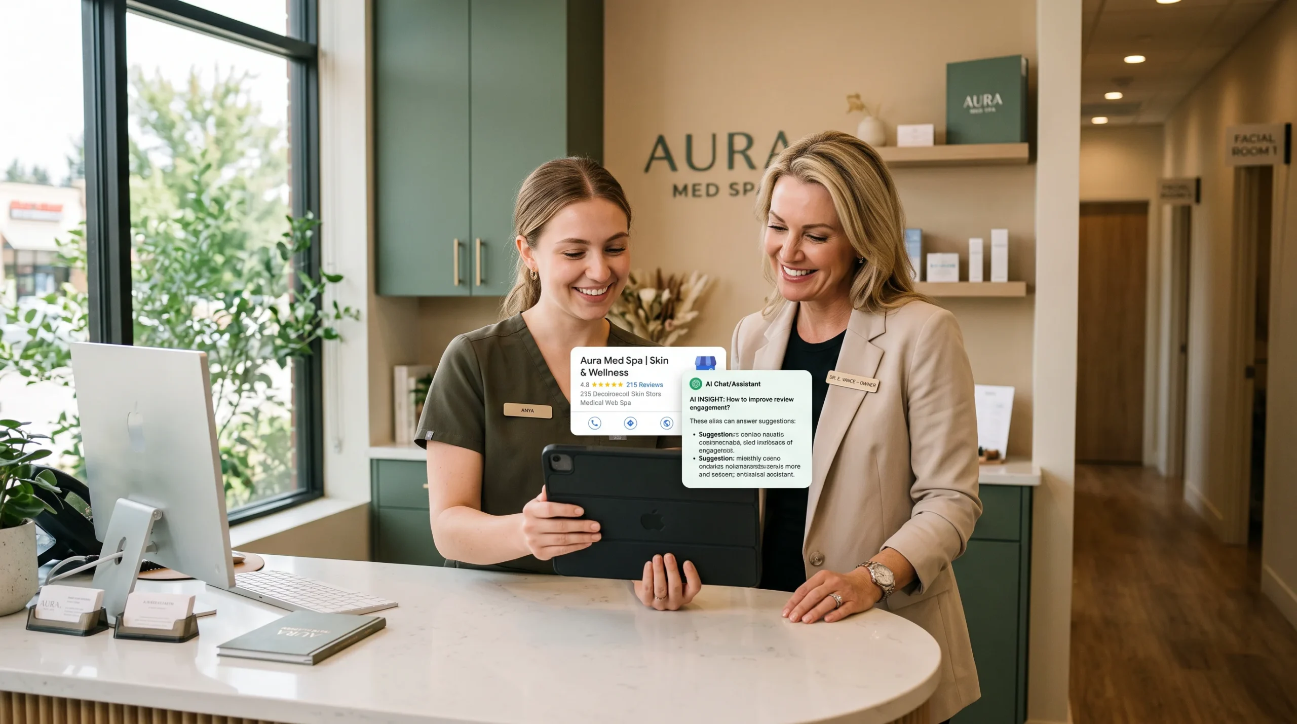 Receptionist and clinic owner reviewing a business profile and AI answer together