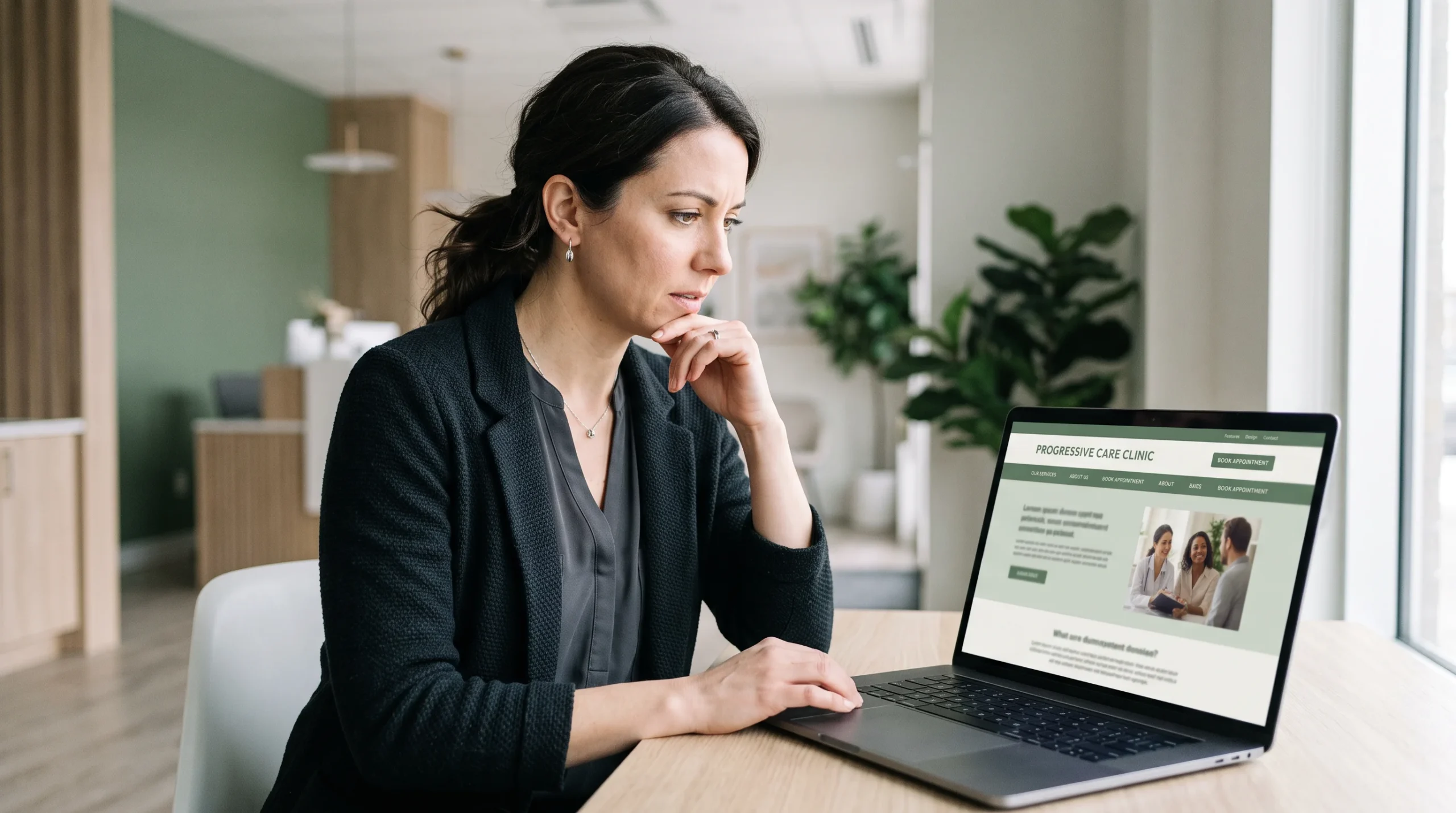 Clinic owner studying her polished clinic website with a concerned expression