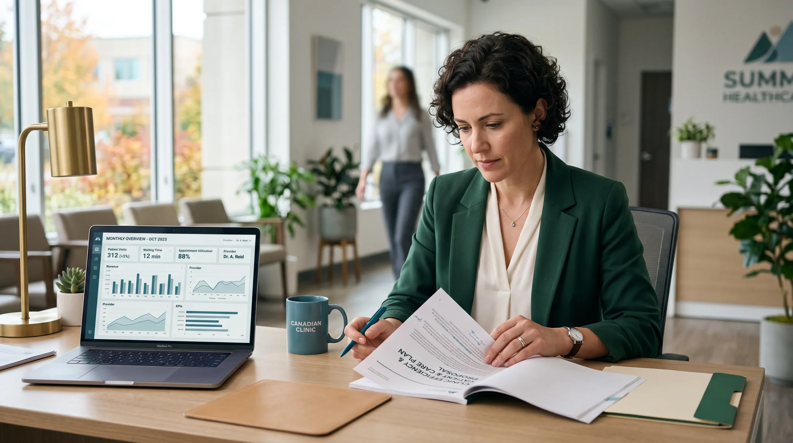 Practice manager reviewing an SEO proposal beside a reporting dashboard