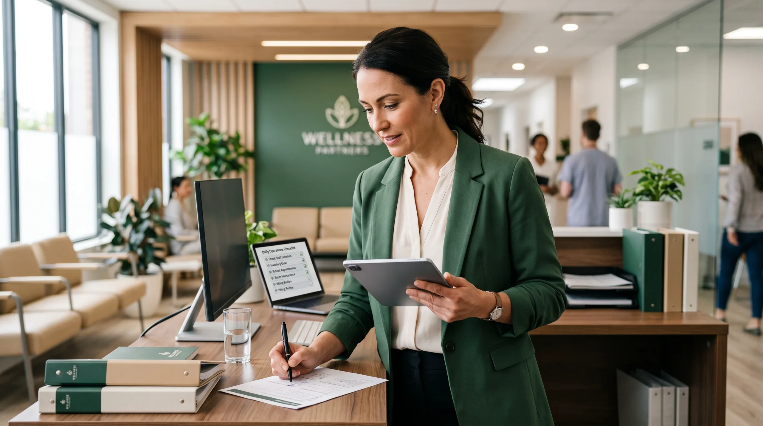 Clinic owner working through an agency evaluation checklist on a tablet
