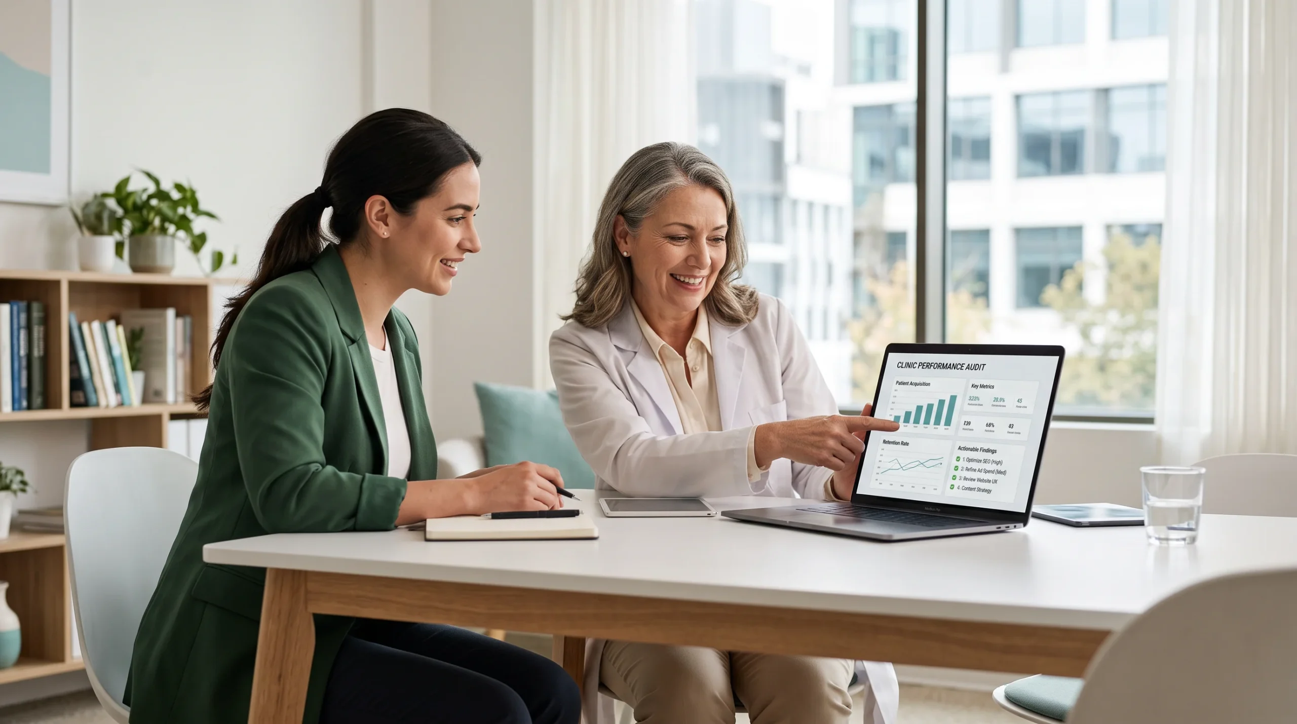 Marketing strategist and clinic owner reviewing audit findings together