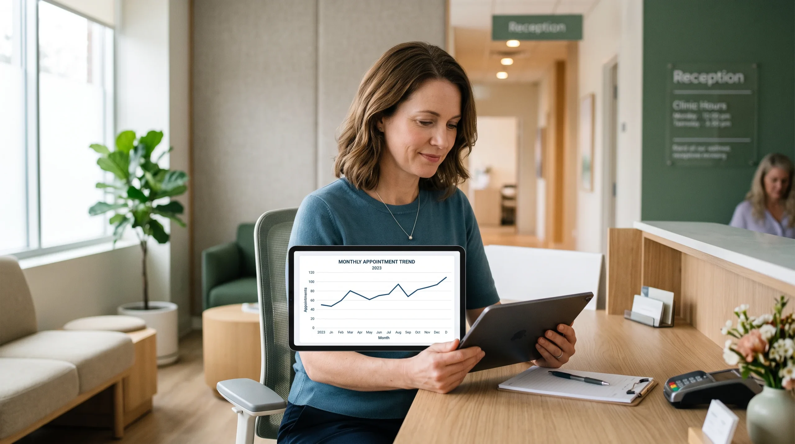 Clinic owner viewing a steady, gradual upward trend on an analytics chart