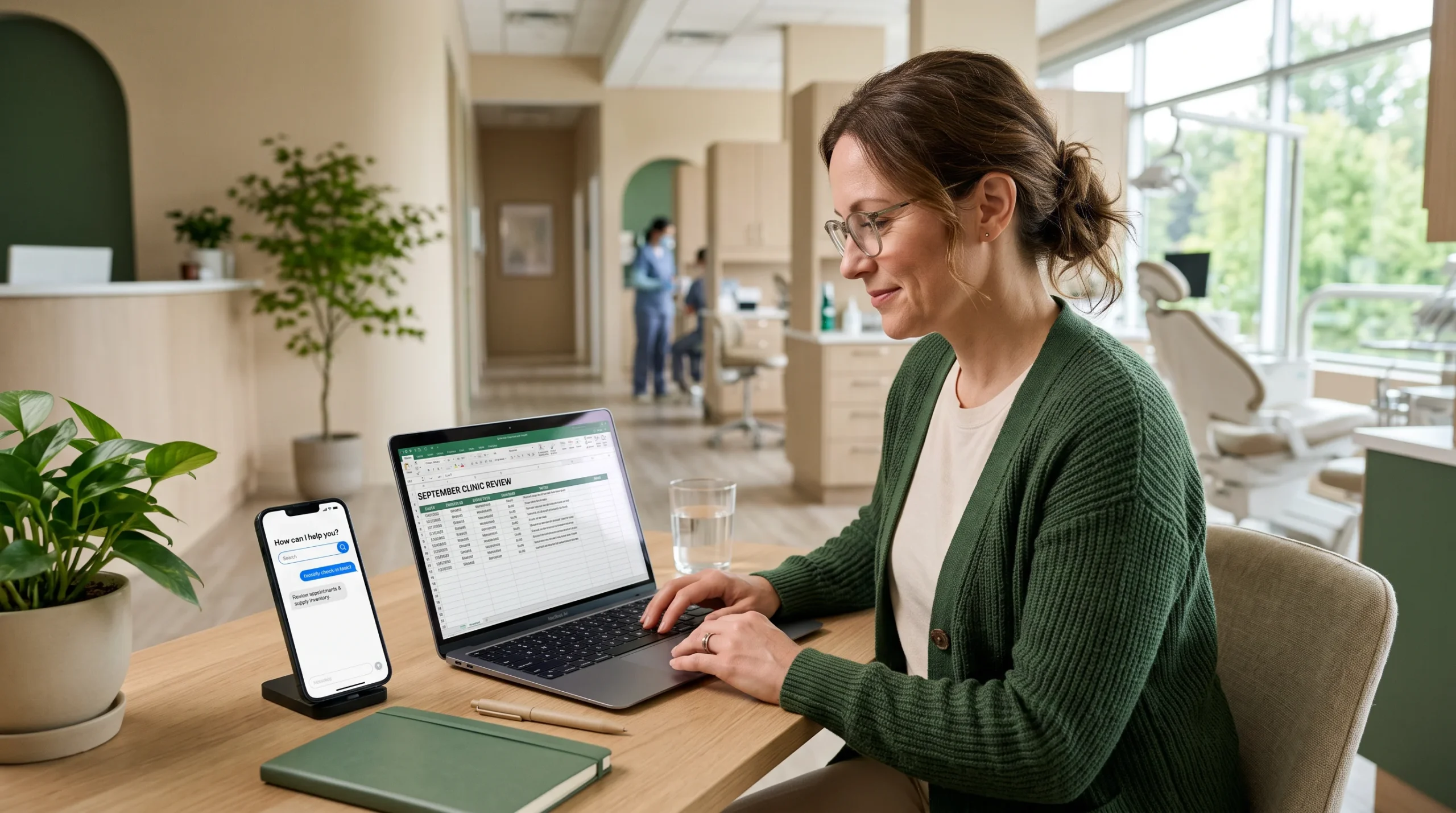 Clinic manager logging AI mentions in a spreadsheet beside a chat app