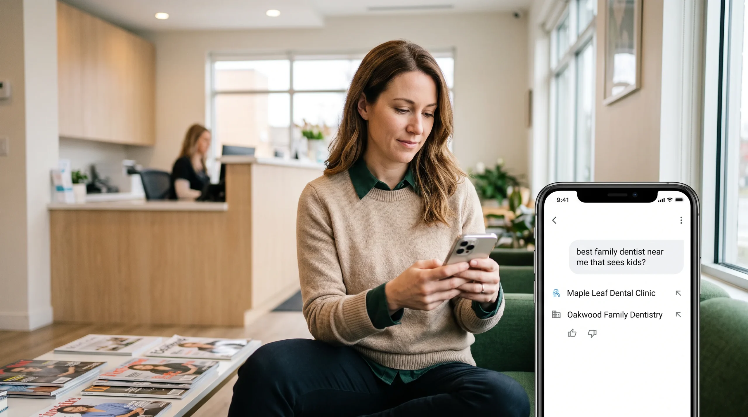 Patient in a clinic waiting room using an AI chat app to find a dentist