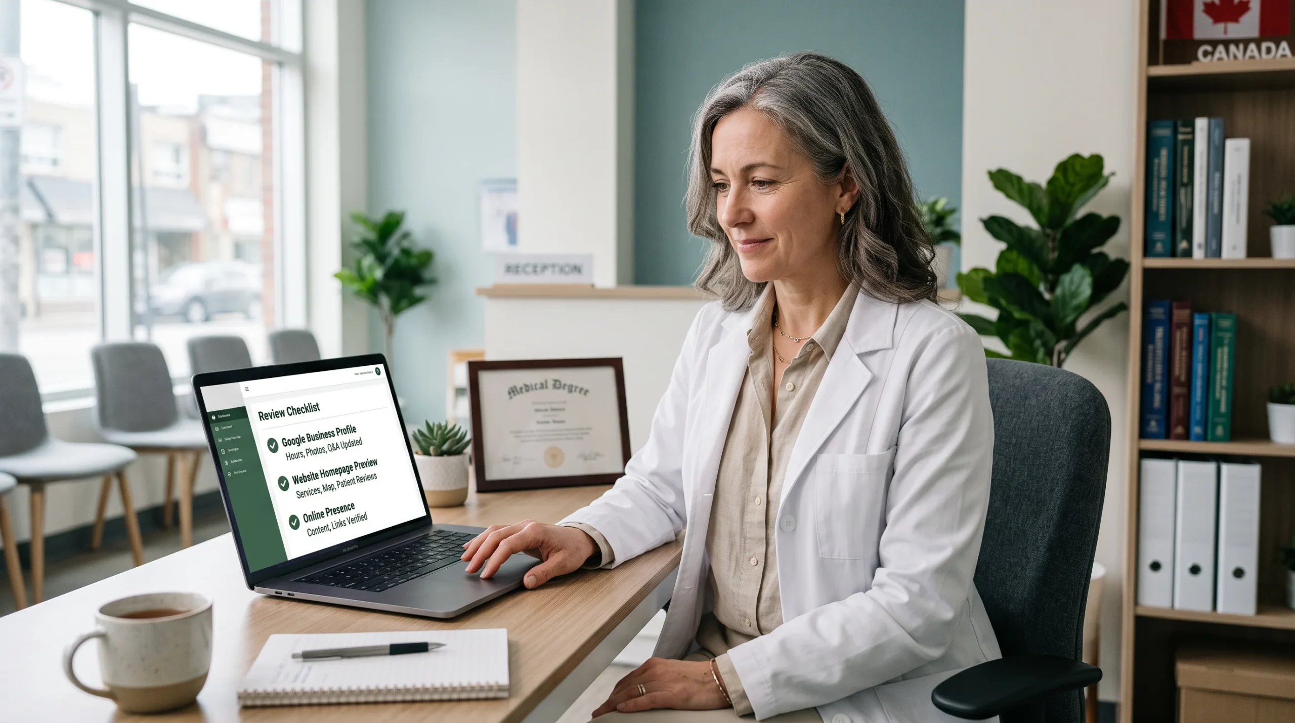 Clinic owner reviewing her Google Business Profile and website checklist on a laptop