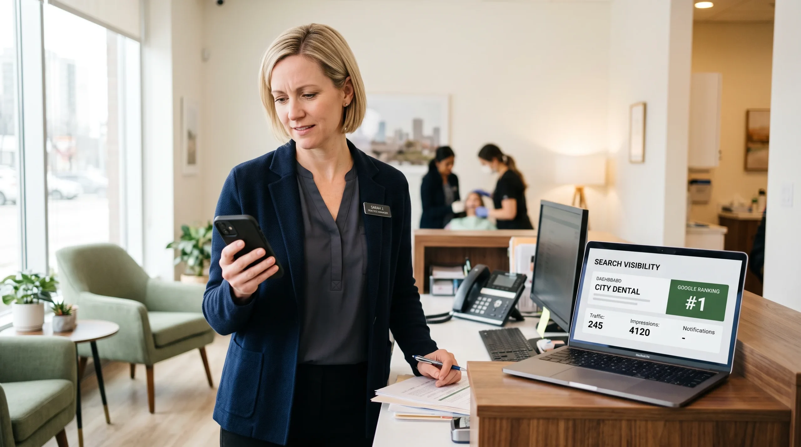 Practice manager checking a quiet call log while her clinic ranks first in search