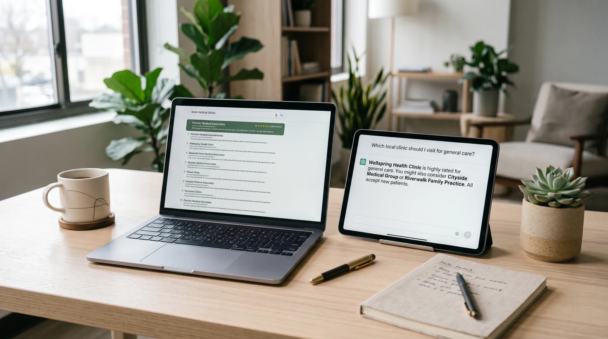 Laptop showing ten ranked search results beside a tablet showing an AI answer