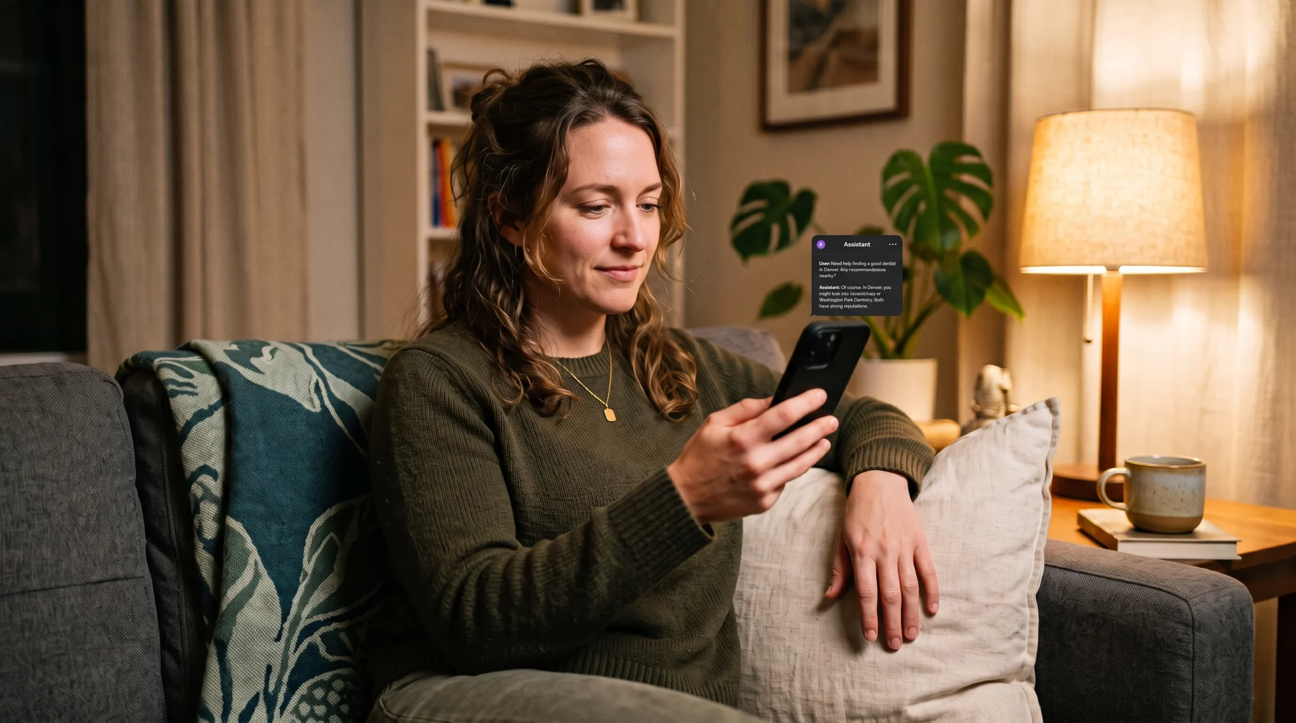 Person at home choosing a dentist inside an AI chat before visiting any website