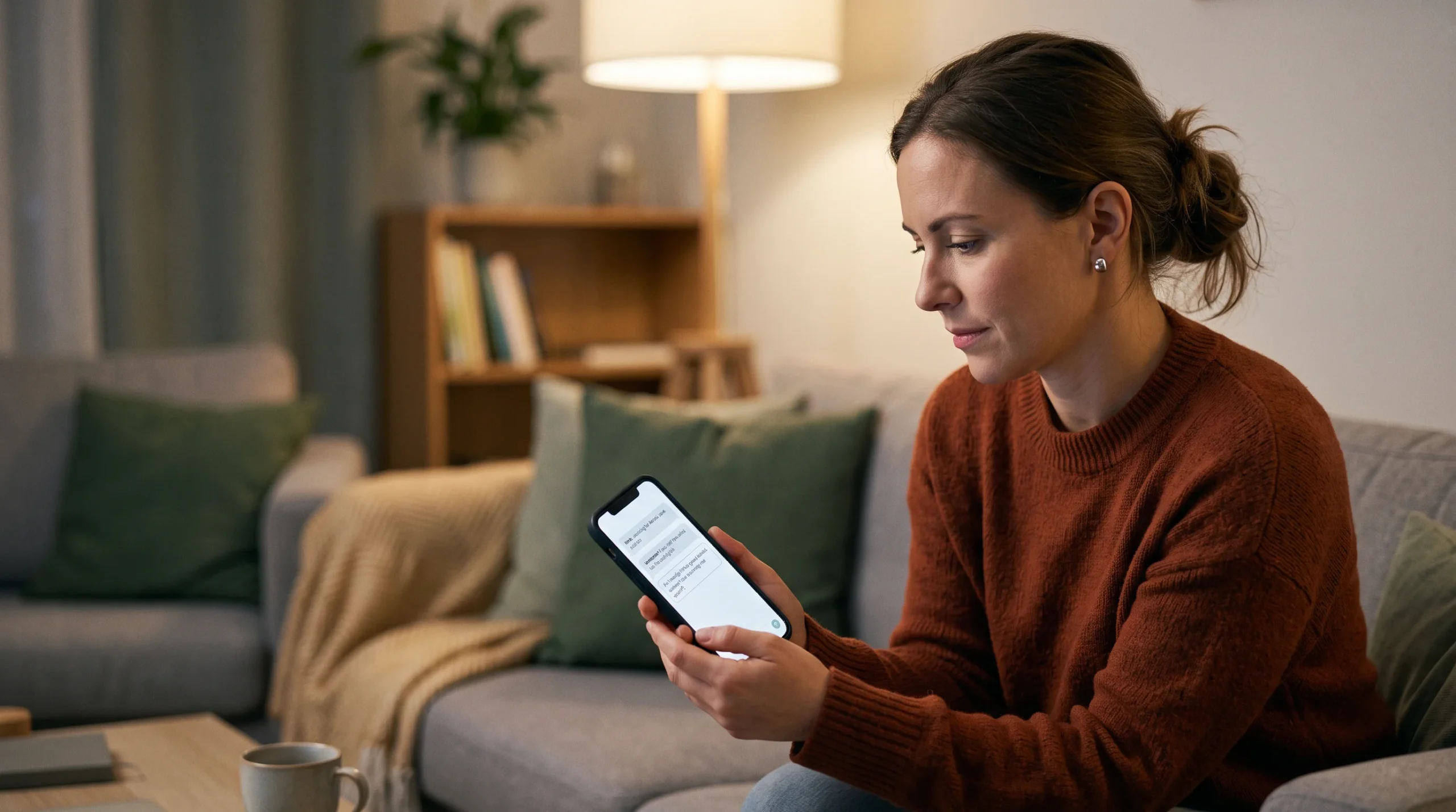 Woman searching for a dentist on her phone at home in the evening