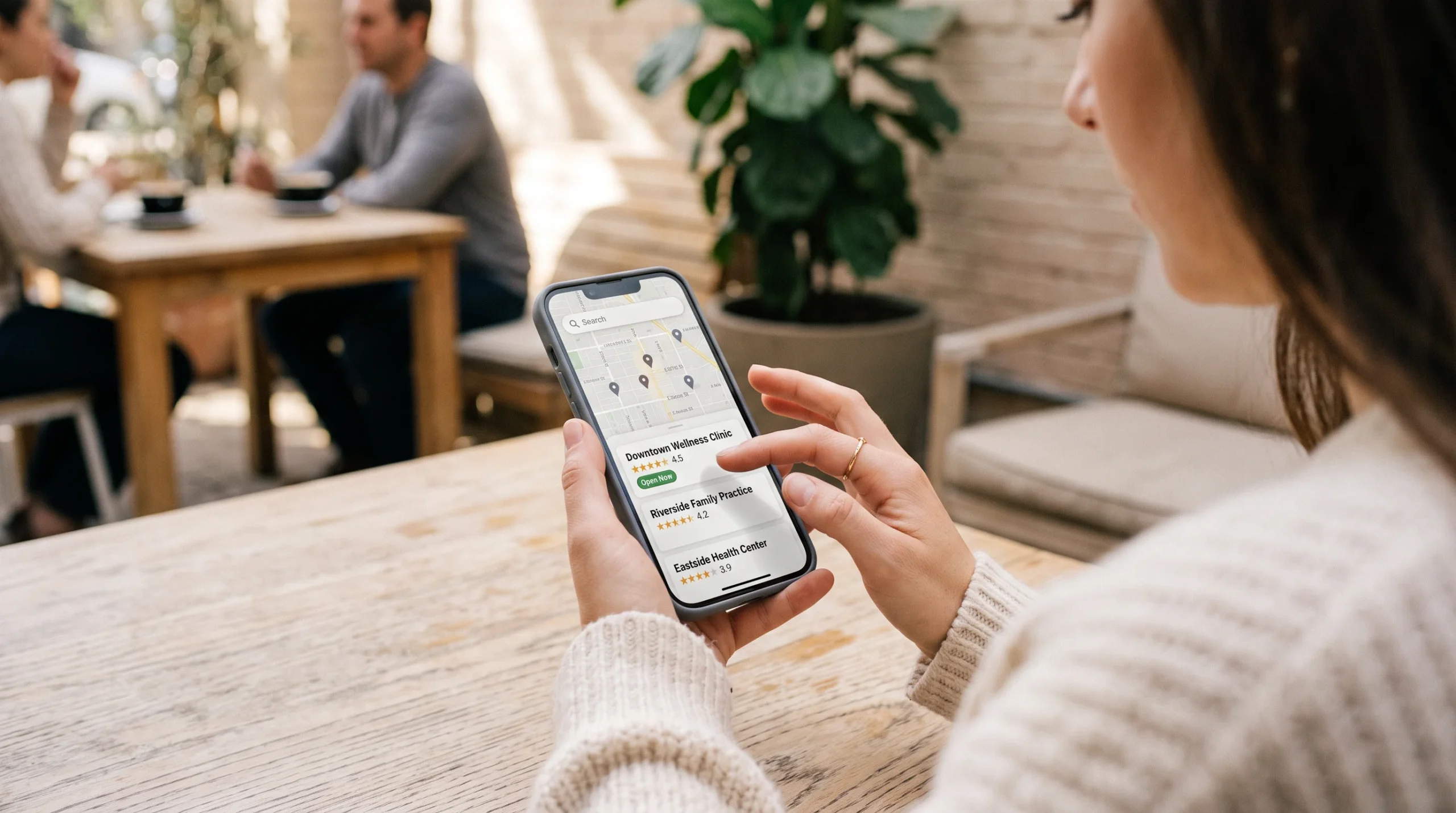 Patient shortlisting clinics from a local map results list on a smartphone