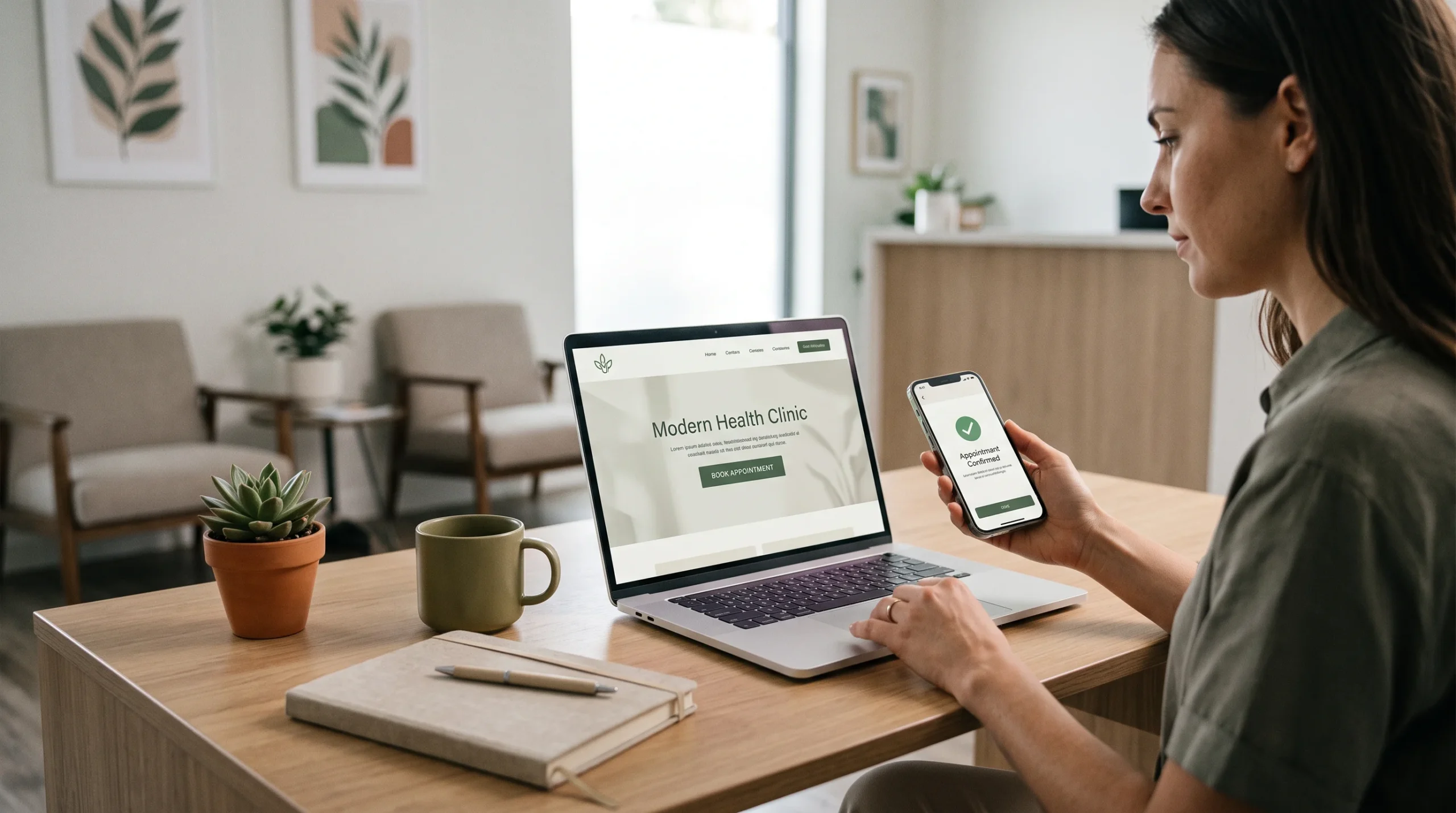 Clinic website open on a laptop with a booking confirmation on a phone