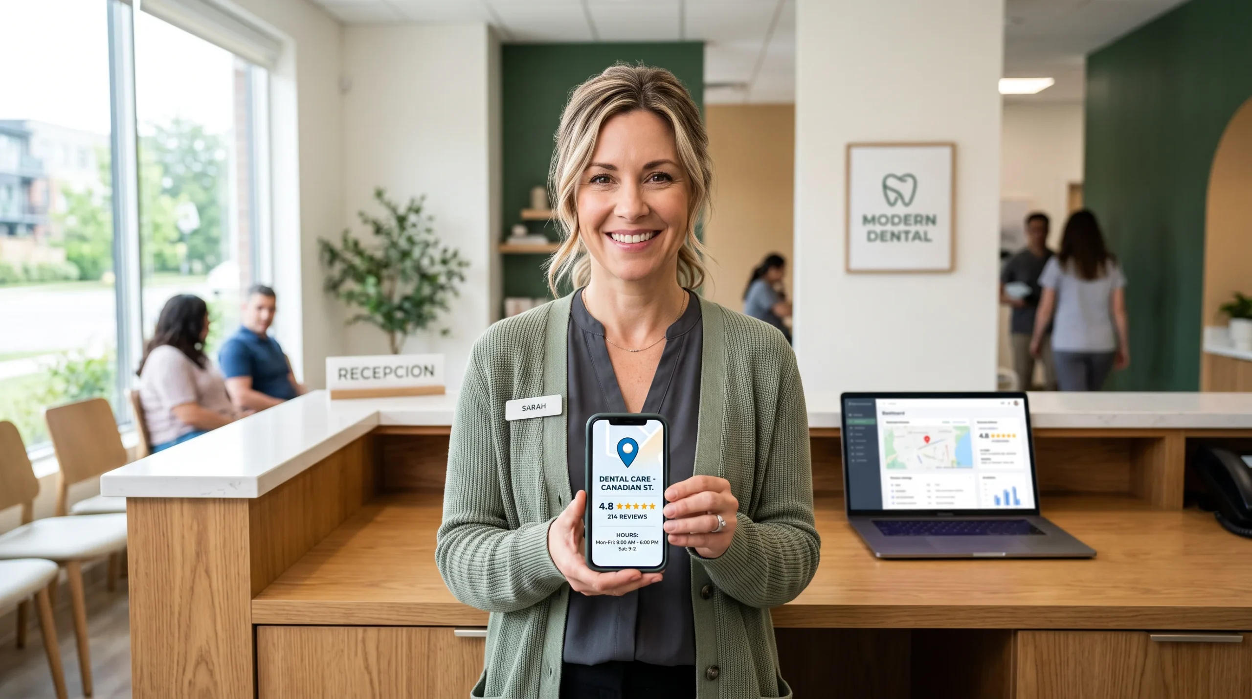 Clinic receptionist reviewing the practice Google Business Profile on a phone