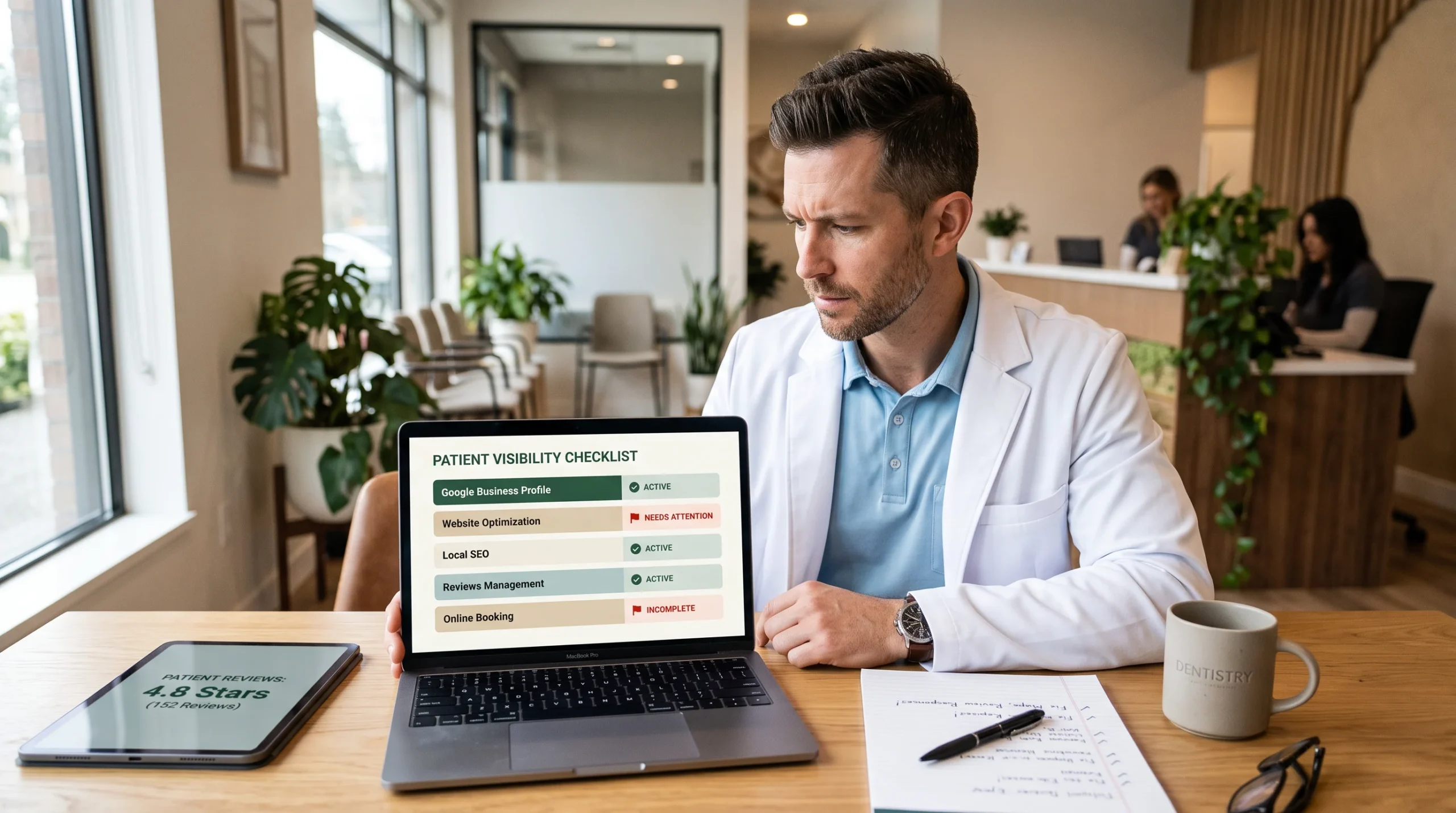 Dentist reviewing a business listing checklist with flagged issues on a laptop