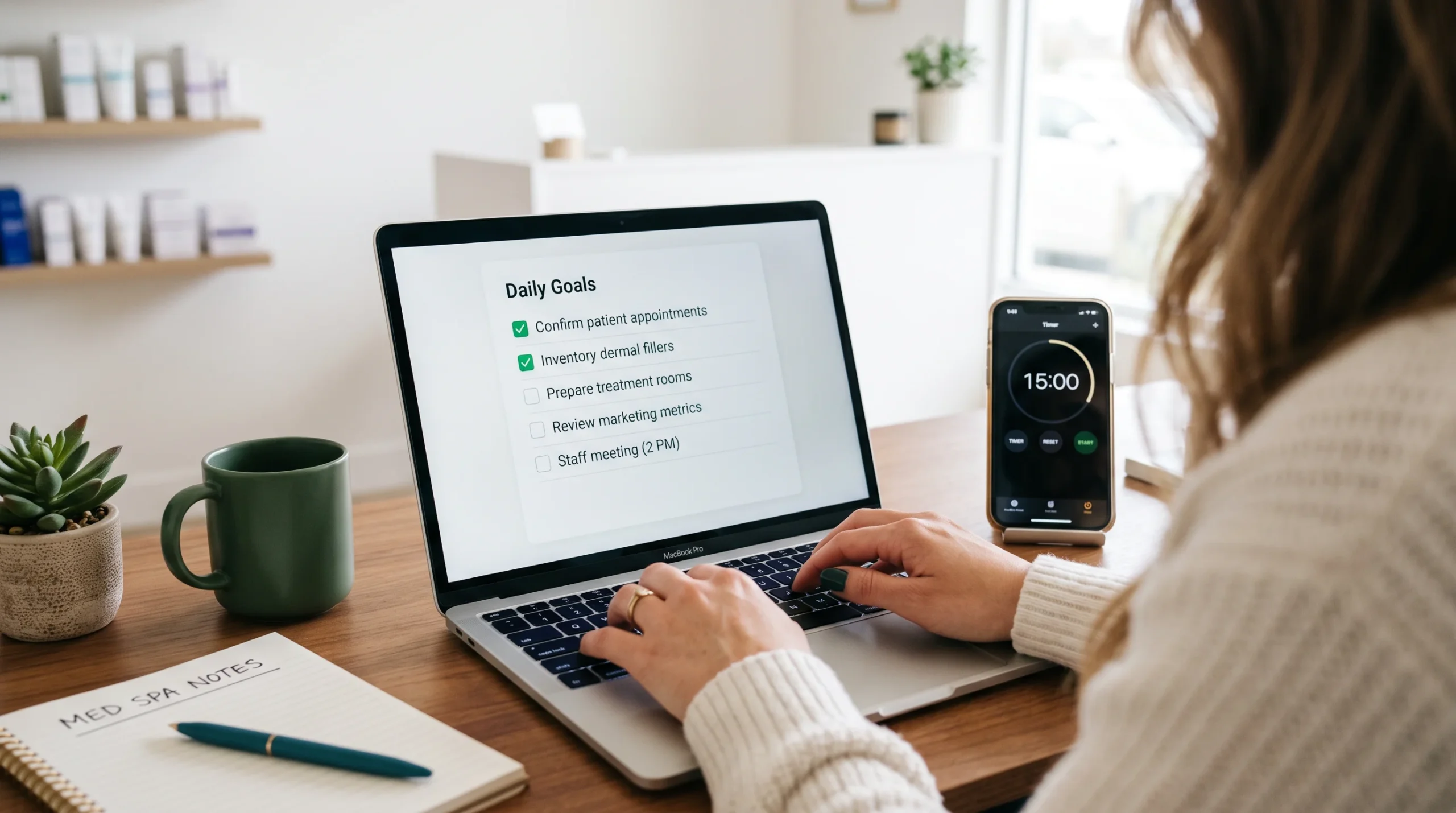 Clinic owner running a 15-minute profile audit with a timer beside her laptop