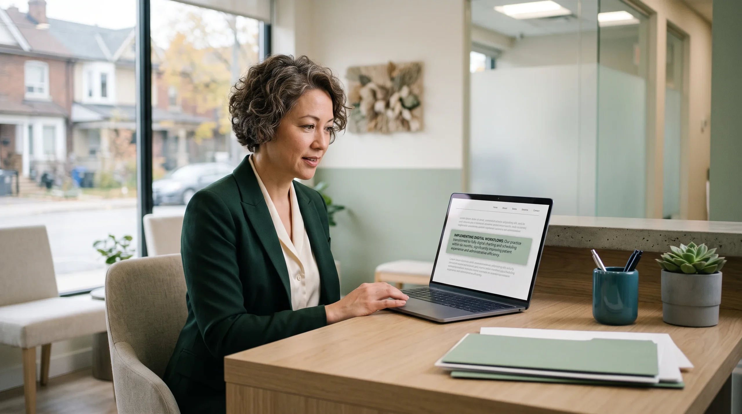 Clinic owner viewing a webpage with a single paragraph highlighted on a laptop
