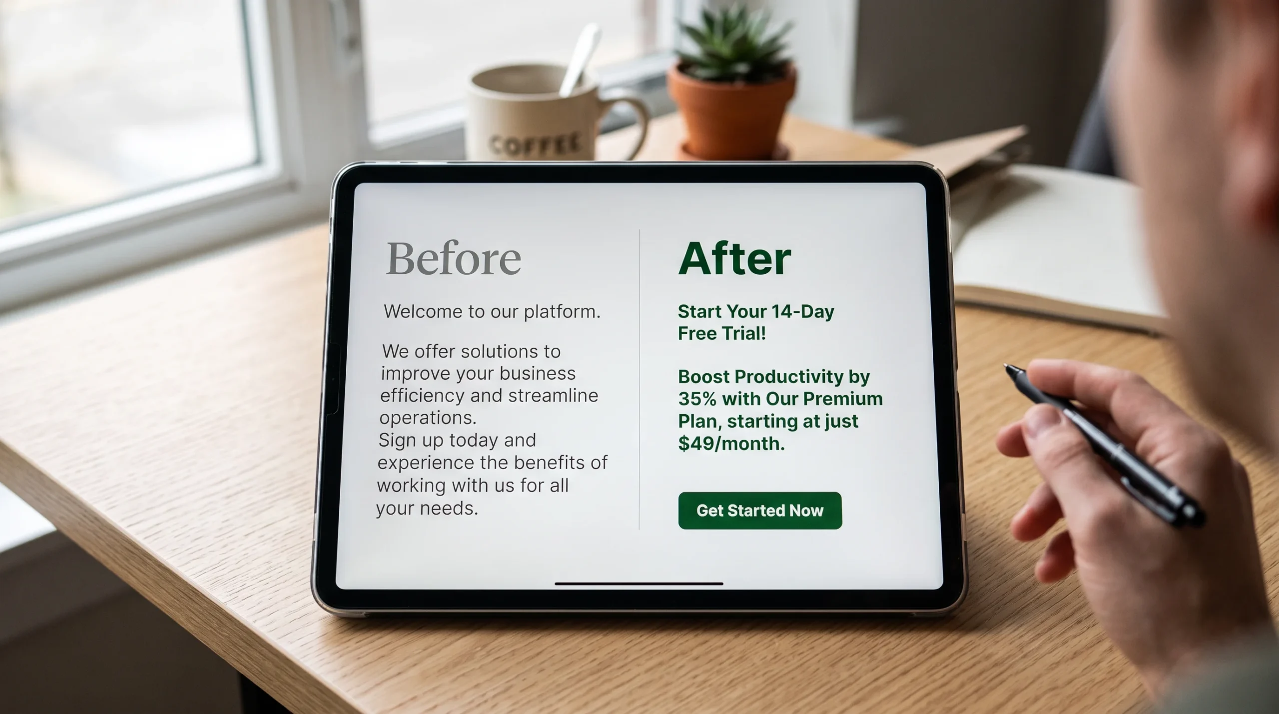 Tablet showing vague website copy before and specific copy after a rewrite