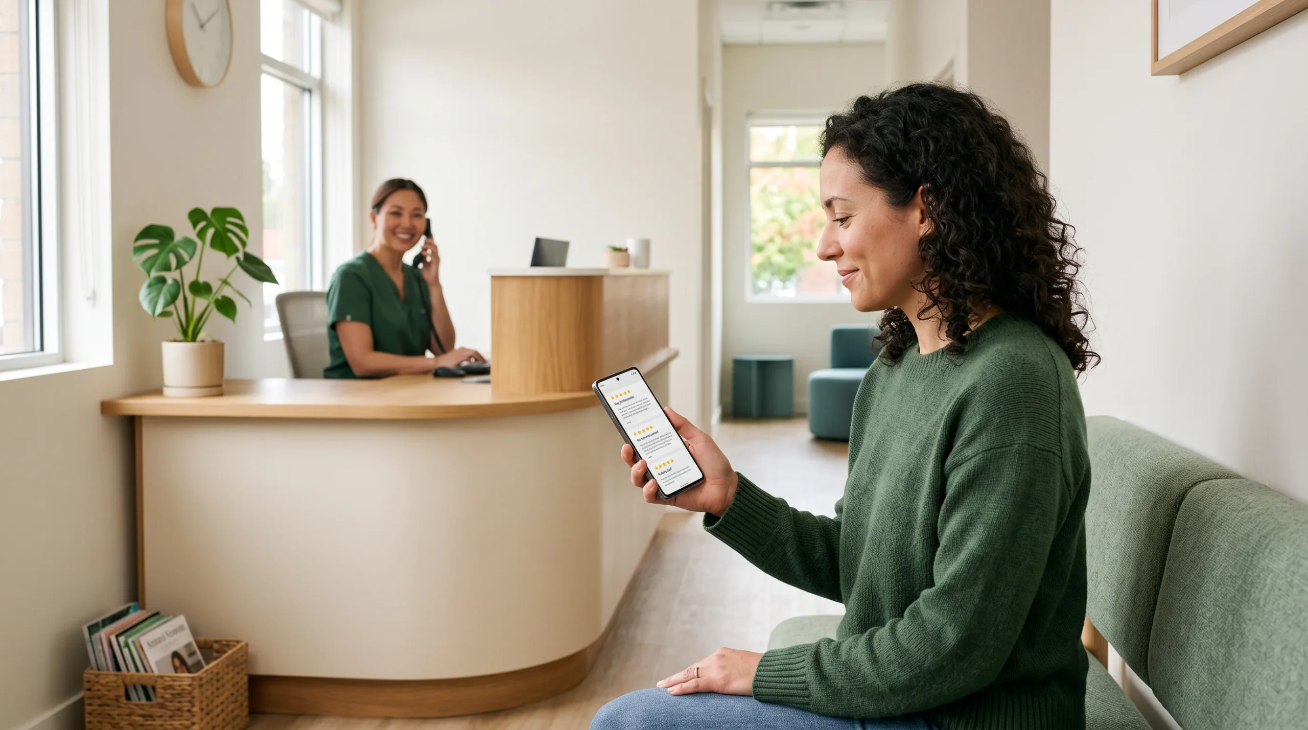 Patient reading clinic reviews on a phone in a modern dental waiting room