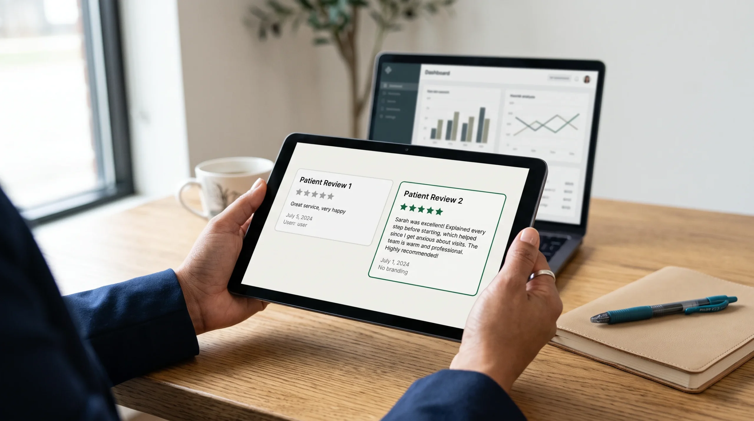 Tablet comparing a short generic five-star review with a detailed one