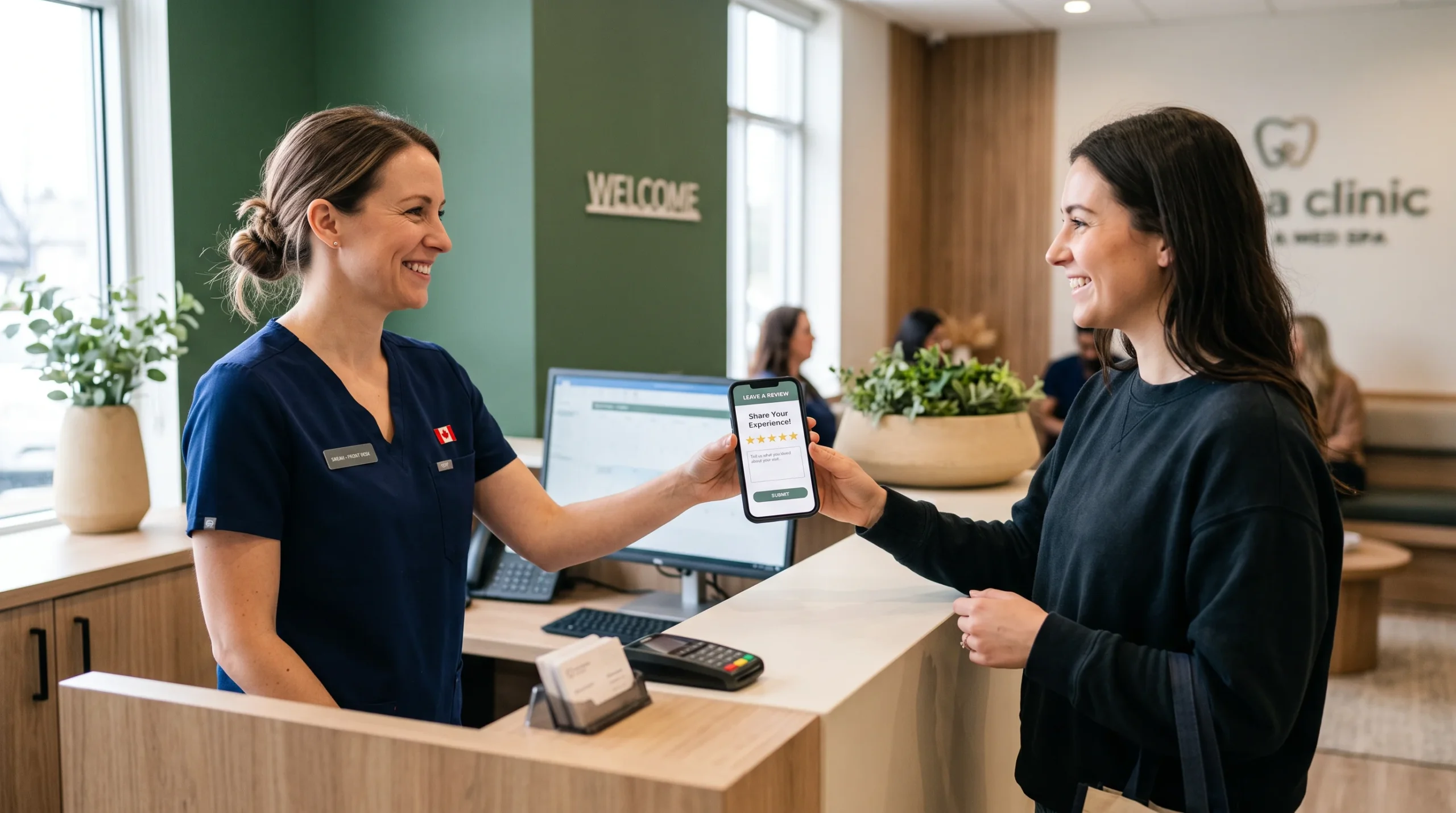 Front desk staff inviting a patient to leave a review at checkout