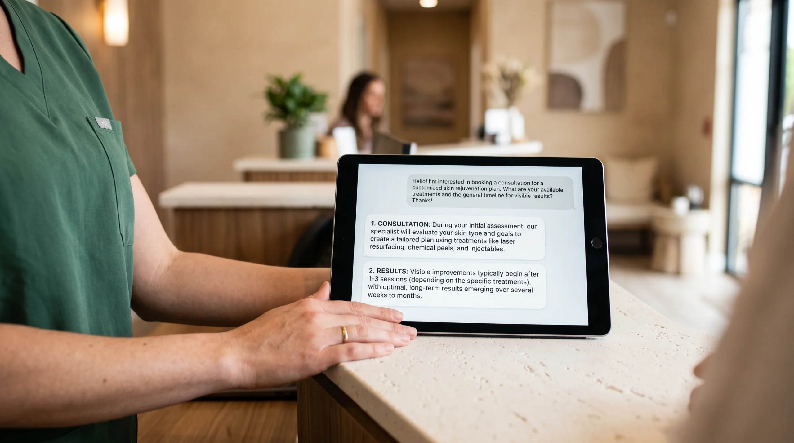 Tablet showing one long patient question split into shorter follow-up answers